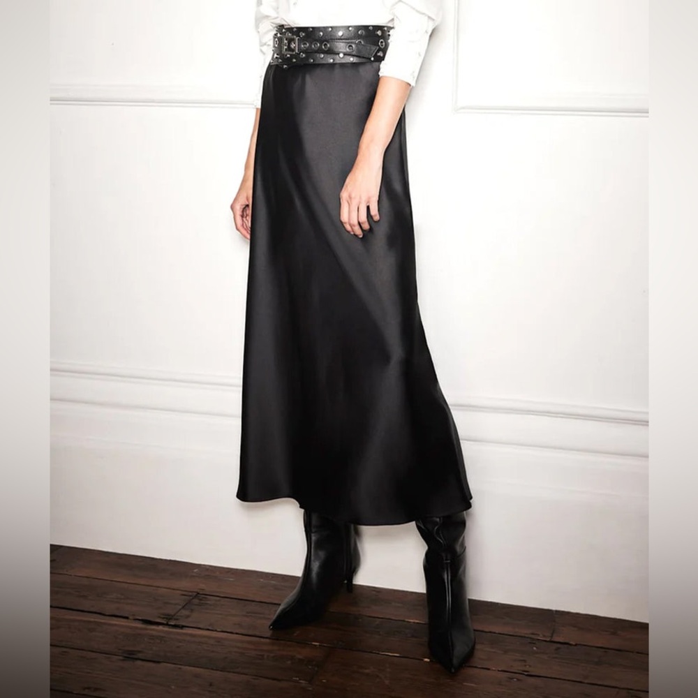 Mint Velvet Black Satin Maxi Slip Skirt in Small